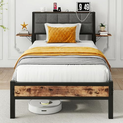 JUISSANO Twin Bed Frame with Wood Storage Headboard/USB Charging Station,Heavy Duty Metal Platform Bed Frames Twin Size No Box Spring Needed,Removable Bedside Shelf,Black and Rustic Brown