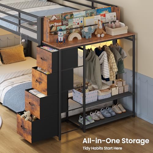 ADORNEVE Low Bunk Bed Twin Over Twin with Bookshelf, 4 Storage Drawers, Metal Kids Bunk Bed with Power Outlet & RGB Lights, Clothing Rack & Shelves, Safety Guardrail & Ladder, Black ADORNEVE