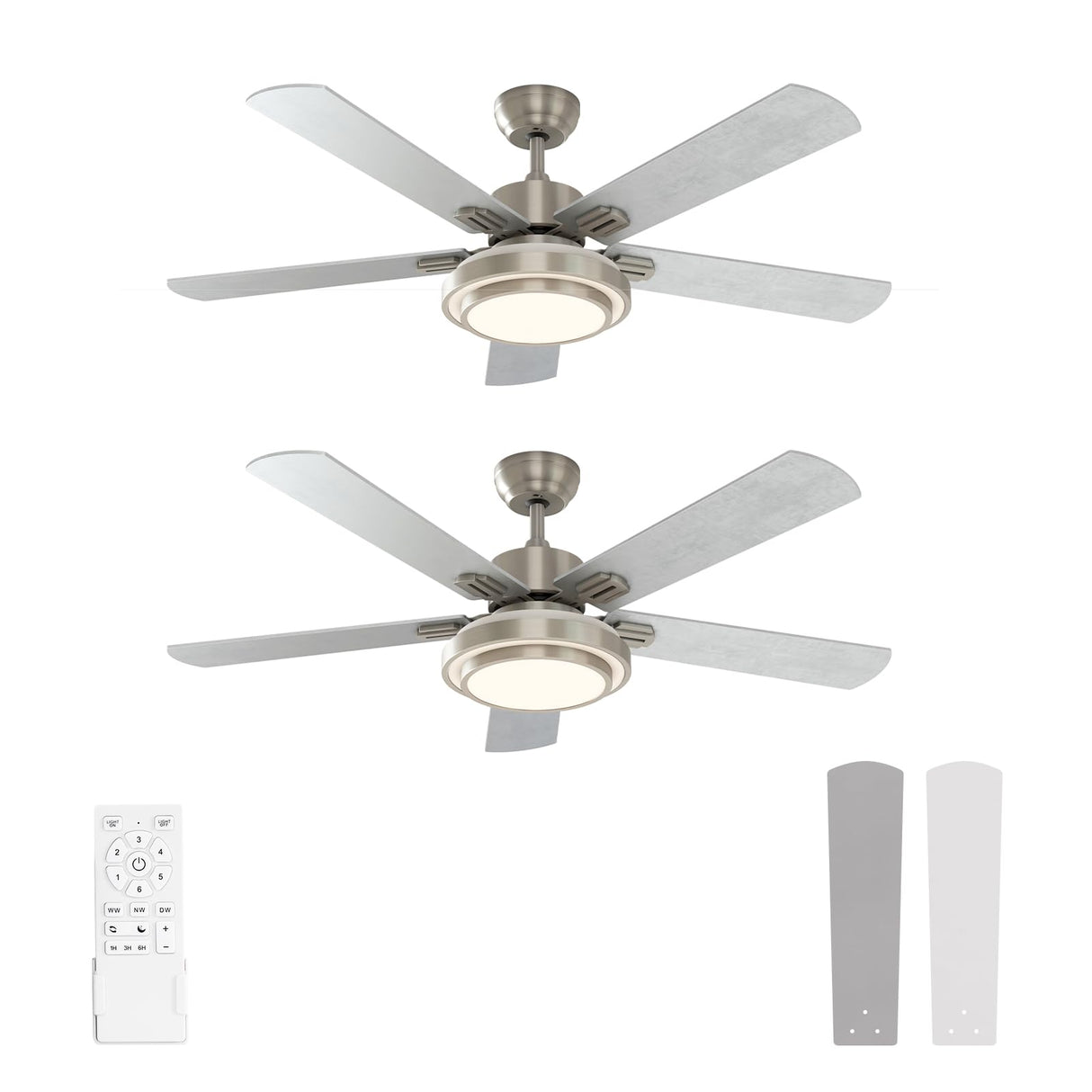 warmiplanet Ceiling Fans with Lights and Remote Control, 52 Inch, 6 Speeds Reversible DC Motor, 3 Color Dimmable Light, Timer, Noiseless, Brushed Nickel, 5 Blades, 2 Pack warmiplanet
