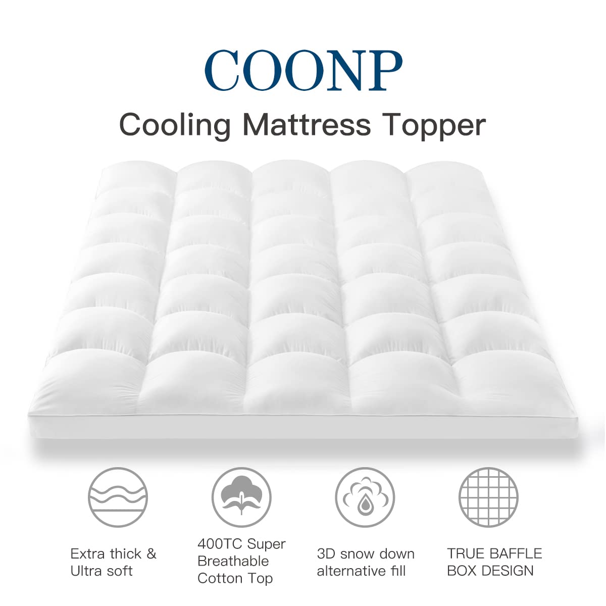 King Mattress Topper, Extra Thick Pillowtop, Cooling Plush Mattress Pad Cover 400TC Cotton Top Protector with 8-21 Inch Deep Pocket 3D Snow Down Alternative Fill COONP