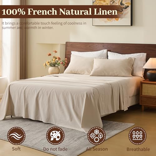 MEISHANG 100% French Pure Linen Sheets Queen Size - Bed Sheets 4 Piece Sets, Soft Durable Flax Linen, Anti-Tear Breathable Oeko-Tex Certified with 16" Deep Pocket (Linen) MEISHANG