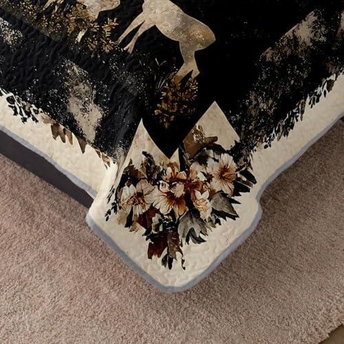 HOSIMA Deer King Bedding Set for Adults,Deer in Forest Print Summer Soft Lightweight Quilt,Floral Pattern Plaid Animal Bedding for Aesthetic Room Decor with 2 Pillowcases. HOSIMA