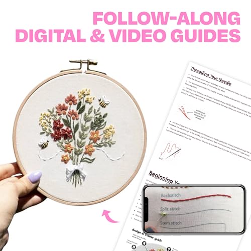CRAFT CLUB Buzzing Bouquet Embroidery Kit | DIY Cross Stitch Craft Kit with Bamboo Hoop & Embroidery Thread Packs | Complete Arts & Crafts Supplies Gift Set for Beginners | Home & Room Décor Art Kit