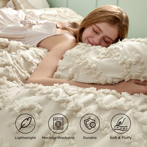 Bedsure Tufted Boho Comforter Set Twin Size - Beige Boho Bed Set, GentleSoft™ 2 Pieces Farmhouse Shabby Chic Embroidery Bedding, Gifts for Woman, Soft Jacquard Twin Comforter for All Seasons Bedsure