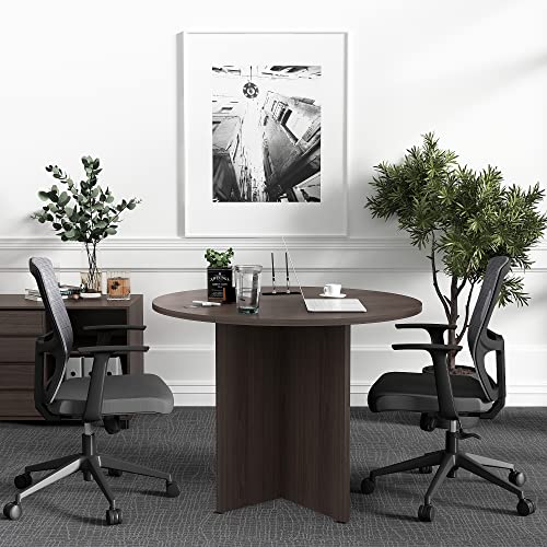 CuHome Round Conference Table, 35.4" Small Commercial Meeting Table for Business, Office Table with X-Shaped Wood Base (Walnut) CuHome
