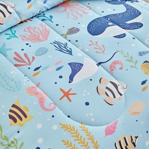 Joyreap 3pcs Cotton Twin Size Comforter Set for Kids, World of The Sea Theme Blue Design, Soft n Cozy Bedding Comforter for All Season- 68x88 inches Joyreap