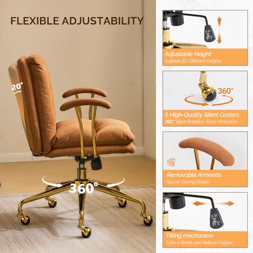 VINGLI Home Office Desk Chair Comfy with wheels&Removable Armrests,Gold Base Vanity Chair with Back,Adjustable Rolling Swivel Computer Task Chair for Study,Makeup,Office,Bedroom,Microfiber/Suede,Brown VINGLI