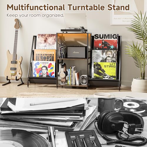ZIFTY Record Player Stand Vinyl Storage with 6-Tier Display Holder LED Light Turntable Stand for 300 Albums Media Shelf Cabinet Stereo Cabinet Console for Vinyl Enthusiast Livingroom, Bedroom ZIFTY