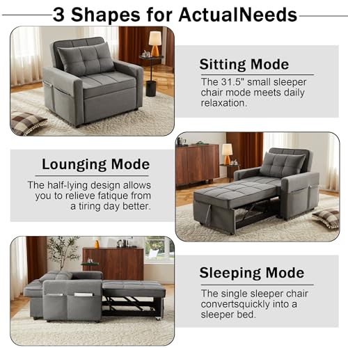 Yosonch Sofa Bed Chair Convertible ,Sleeper Sofa with Pull-Out Bed ,3-in-1 Futon Couch with Reclining Backrest and Side Pocket (Dark Grey, 35.6‘) Yosonch