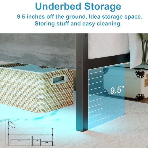 PUNICE Twin Size Bed Frame with Charging Station, LED Light Metal Bed Frame with Wooden Headboard, No Box Spring Required, No Noise, Easy Assembly, Light Grey PUNICE