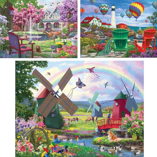 Bits and Pieces 3 Jigsaw Puzzle Set - Jigsaw Puzzles for Adults - Fantasy Scenes - Hot Air Balloons Rainbow Windmill - Random Die Cut Pieces No 2 are Alike Bits and Pieces