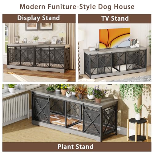 COZPAW 78 Inch Double Dog Crate Furniture, Extra Large Dog Kennel Indoor for Medium Large 2 Dogs, Heavy Duty Dog Cage Chew-Resistant Steel and Wooden Pet House with Removable Divider (Grey) COZPAW