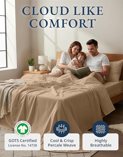 LANE LINEN 100% Organic Cotton Sheets Set, Long- Staple Percale Weave Ultra Soft Best- Bedding Sheets for Bed, GOTS Certified, Fits Mattress Upto 15inch Deep Pocket (King, Taupe) LANE LINEN