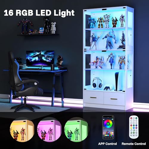 Lamtor Glass Display Cabinet with Doors - Curio Cabinet with Dynamic LED Lights for Collectibles, 67" Display Case with 4 Tier and Drawers for Figure, Toys, Books, White Lamtor