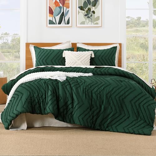 Litanika Queen Comforter Set Dark Emerald Green, 3 Pieces Lightweight Chevron Tufted Bedding Comforter Set, Fluffy Winter Down Alternative Comforter Bed Set Gift Choice