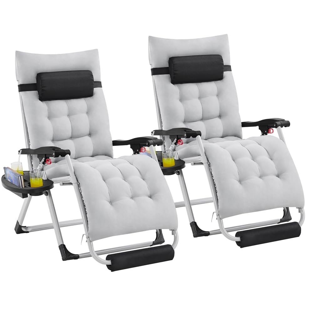 Yaheetech 26in Zero Gravity Chair Set of 2 Reclining Outdoor Sun Lounge Chairs w/Removable Cushion, Cupholder, Headrest and Footrest for Indoor and Outdoor - Gray Yaheetech