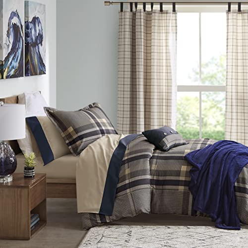 Intelligent Design Robbie 7-Piece Twin XL Comforter Set – Lightweight All-Season Plaid Bedding, Navy/Tan, Cozy Bed-in-a-Bag with Matching Shams & Decorative Pillow, Modern Casual Style Intelligent Design