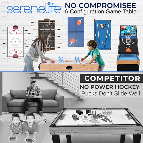 SereneLife 48" 6-in-1 Multi Game Table, Full-Size Indoor and Outdoor Arcade Sports Table with Pool, Air Hockey, Foosball, Basketball, Table Tennis, Dining Table, for Family, Kids, Adults SereneLife