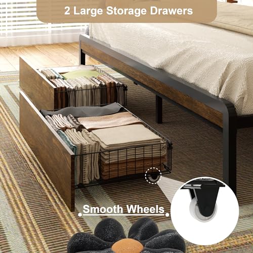 Sismplly King Size Metal Platform Bed Frame with 2 Storage Drawers & LED Light, Upholstered Headboard with Charging Station, No Box Spring Needed, Brown Wood Panel Sismplly