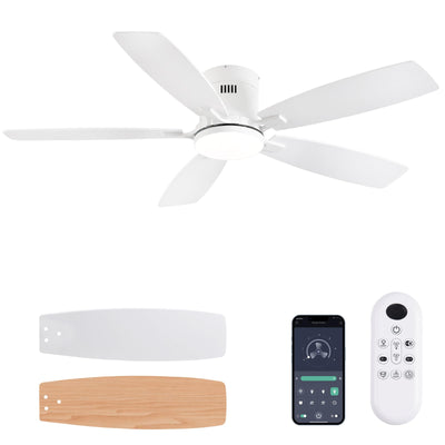 52inch Flush Mount Ceiling Fans with Lights and Remote/APP Control, Dimmable LED, Reversible DC Motor, Noiseless, Low Profile White Ceiling Fan for Livingroom, Indoor/Outdoor Use