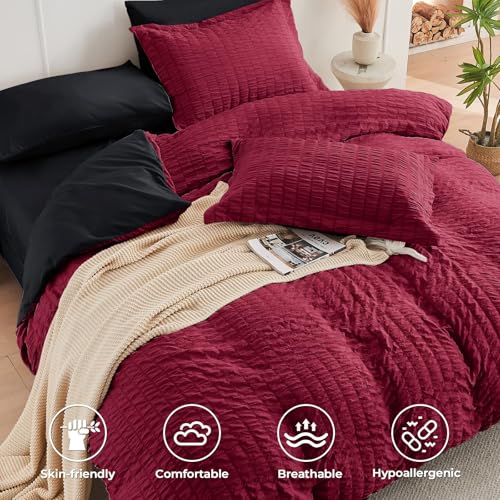HYMOKEGE Red & Black California King Comforter Set Seersucker 7 Pieces, All Season Luxury Bed in a Bag for Bedroom, Bedding Set with Comforters, Sheets, Pillowcases & Shams HYMOKEGE