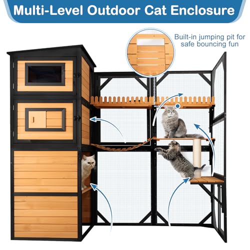 FunXplore Large Cat Catio Outdoor 4 Tiers Cat Enclosure Window Access, Walk-in Cat Cage Cat House for Multiple Indoor Outdoor Cats, Outside Patio 5 Doors Weatherproof Asphalt Roof & PVC Canopy Roof FunXplore
