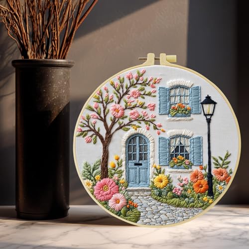 Country cottage with Flowers Embroidery Kits,Adults DIY Handmade Hand Embroidery Starter Kits with Stamped Embroidery Pattern,for Beginners Starter Lover Hand Stitch with Embroidery Skill Techniques