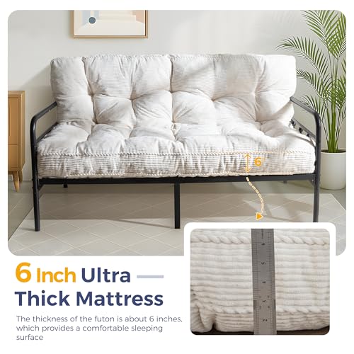 MAXYOYO 6" Futon Mattress Full Size, Tufted Futons Sofa Couch Bed with Twisted Rope Design Edging, Thick Corded Fabric Floor Mattress for Adults, Shredded Foam Filling (Frame Not Included), Beige MAXYOYO