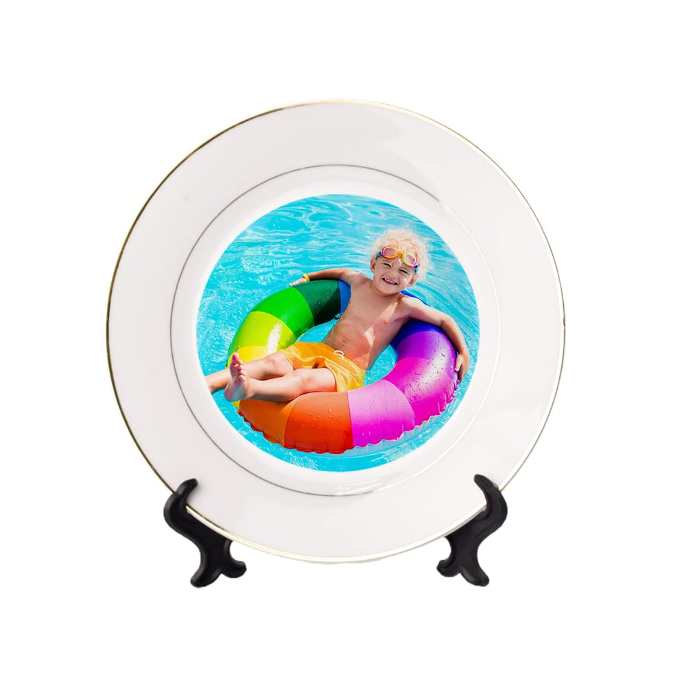 MR.R Set of 2 Sublimation Blanks White Ceramic Gold Rim Plate with Stand,Porcelain Plates, 10 inch Round Dessert or Salad Plate, Lead-Free, Safe in Microwave, Oven, and Freezer MR.R