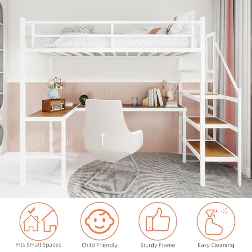 Bellemave Twin Size loft Bed with L Desk, Storage Stairs, Metal Twin Loft Bed Frame for Adults, Kids, Teens, White Bellemave