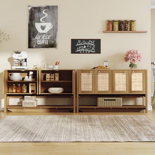 LubanNese 55" Rattan Sofa Console Table, Boho Wood Entryway Storage Cabinet with 4 Doors & Adjustable Shelf, Multifunctional Coffee Bar Sideboard Buffet for Kitchen, Dining Room, Living Room LubanNese