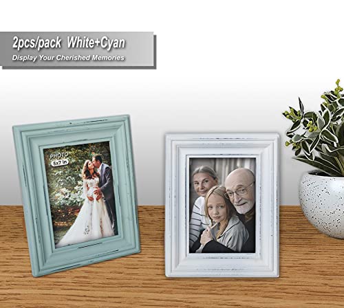 Buecasa Rustic 5x7 Inches Wooden Picture Frame Pack of 2 Vintage Cyan and White in Gift Box - Distressed Wood High Definition Glass Photo Frame Outside 7.9x9.9 Inches - 2 Way Display Tabletop or Wall Buecasa