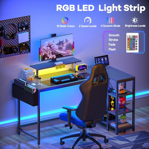 Eivanet L Shaped Gaming Desk with LED Lights & Power Outlet, 40" Reversible Computer Desk with Adjustable Monitor Stand and Storage Shelves Corner Home Office Desk for Small Space Carbon Fiber Black Eivanet