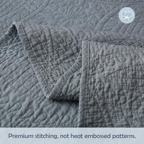 Aqzuxira Gray 100% Cotton Quilt Set Queen Size, 3 Piece Modern Textured Bedspread with Coin Pattern, Lightweight Crinkly Coverlet Sham Set, Soft Minimalist All Season Bedding, Garment-Washed Aqzuxira