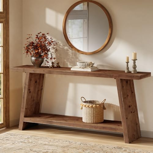 TRIBEWOOD 70.9'' Solid Wood Console Table, Narrow Long Sofa Table Behind Couch with 2-Tier Storage, Farmhouse Entryway Table for Living Room, Hallway, Foyer, Brown TRIBEWOOD