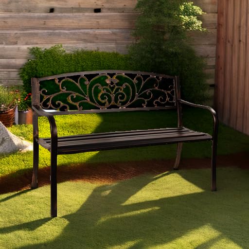 Best Choice Products Outdoor Bench Steel Garden Patio Porch Furniture for Lawn, Park, Deck w/Floral Design Backrest, Slatted Seat - Brown Best Choice Products