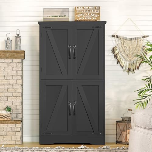 TEENFON Farmhouse Storage Cabinet with 2 Adjustable Shelves, Kitchen Cabinet with 4 Doors, Cupboard for Kitchen, Living Room, Black TEENFON