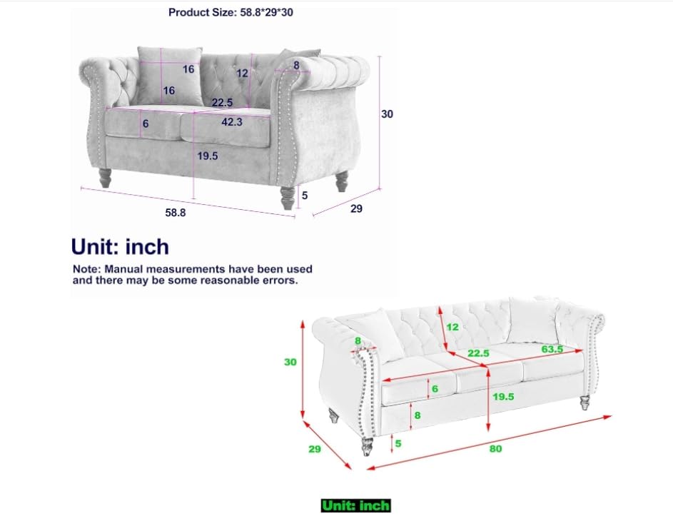 ATUMON 2 Piece Chesterfield Velvet Combination Sofa for Living Room,3-Seater and Loveseat Sofa Set Tufted Couch with 4 Pillows,Rolled Arms and Nailhead for Living Room, Bedroom, Office Grey ATUMON