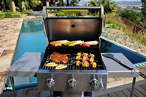 Permasteel 3-Burner Propane Gas Grill, 30,000 BTUs BBQ Grill with Cast Iron Grates, Foldable Side Tables & Tool Hooks, Outdoor Grill, Azure Permasteel
