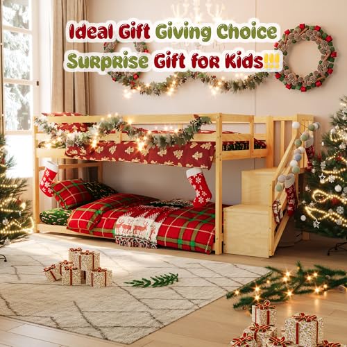 TOLEAD Low Bunk Bed Twin Over Twin, Floor Bunk Beds with Storage Staircase and Guardrails, Wooden Low Bunk Bed with Hanging Bar for Juniors, Boys, Girls, Kids, Natural Wood TOLEAD