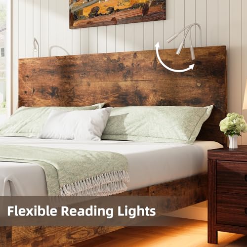 BarnFurin Floating Bed Frame King Size with Led Lights, Wooden Bed Frame with Reading Light Headboard, Heavy Duty Metal Slats, No Box Spring Needed, Easy Assembly, Rustic Brown BarnFurin