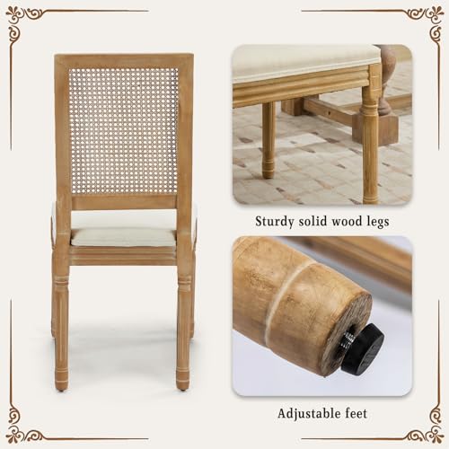 SoarFlash French Decor Chairs Set of 4, Louis Dining Chairs with Square Rattan Backrest, Exquisitely Carved Solid Wood Frame for Living Room, Kitchen, Restaurant, Beige SoarFlash