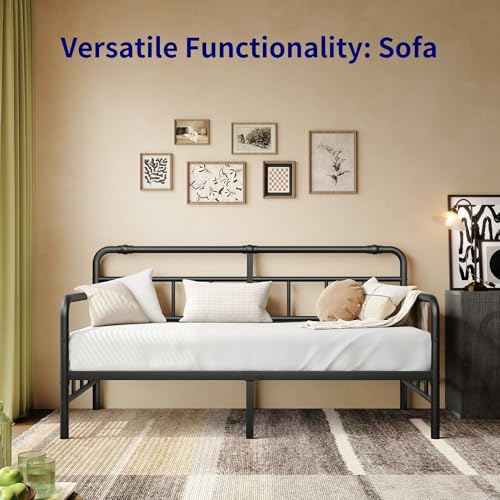Sementa 14 Inch Daybed-Frame, Twin-Daybed with Classic-Headboard - Heavy Duty Steel Slats,Metal Sofa Bed Frame for Living Room Bedroom Guest Room, Easy Assembly(Black) Sementa