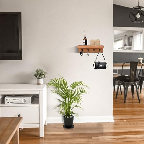 HRONRAD Rustic Key Holder for Wall, Farmhouse Wall Shelf with 4 Hooks, Wall Mounted Key Racks, Wooden Mail Organizer with Hooks for Entryway (Brown - Oak) HRONRAD