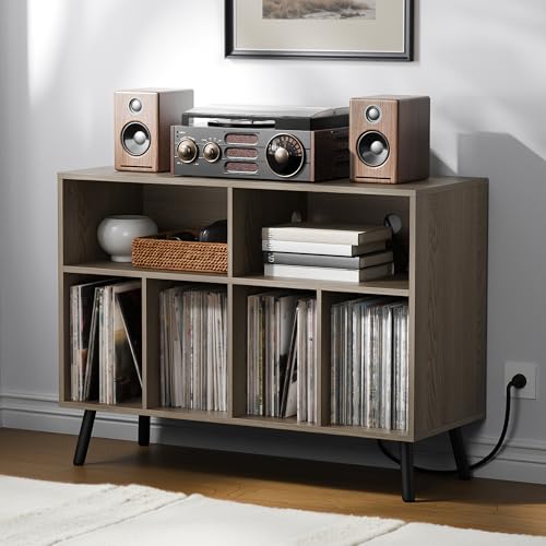 Cozy Castle Record Player Stand with Vinyl Storage Cabinet, Wood Turntable Table Open Shelf Holder Up to 350 Albums Cube Storage Organizer for Living Room, Office, Gray Cozy Castle