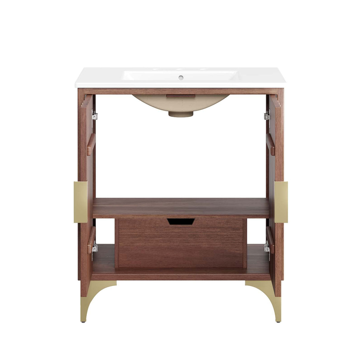 Modway Daylight Bathroom Vanity Cabinet with Ceramic Sink Basin, 30 Inch, White Walnut Modway