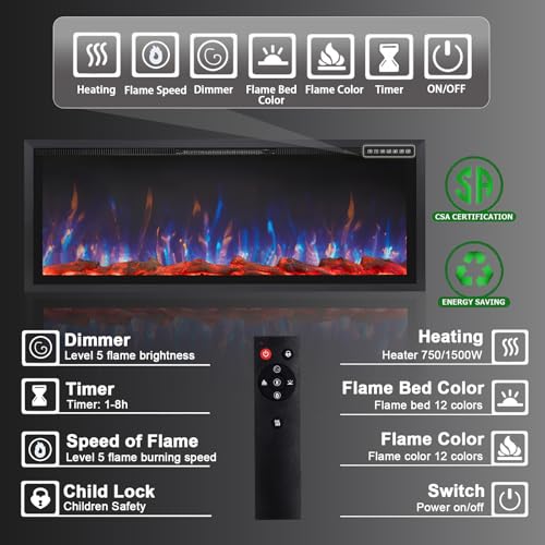PRETZI 60" Electric Fireplace Ultra Narrow Aluminum Frame & Wide Screen, Electric Fireplace Inserts/Wall Mounted with Heater, Adjustable Flame Color and Brightness, Remote Control/Timer, 750/1500w PRETZI