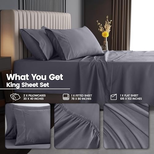 Utopia Bedding King Size Extra Deep Pocket Sheet Set – Fits Mattresses Up to 21 inches – Cooling, Soft & Breathable – Oeko-Tex 4 Piece Bed Sheets (Grey) Utopia Bedding