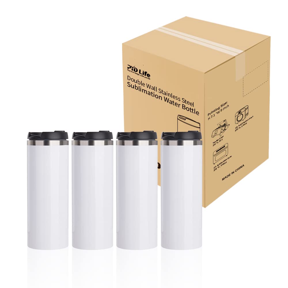 PYD Life Sublimation Tumblers Water Bottles 14 OZ White with Lid Stainless Steel Double Walled Coffee Tumblers Vacuum Insulated Flasks for Tumbler Heat Press 4 Pack PYD Life