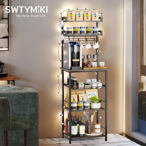 SWTYMIKI Coffee Bar Station Rack - Bakers Rack Corner Coffee Stand Station, Bar Cabinet for Kitchen with Hooks Grey